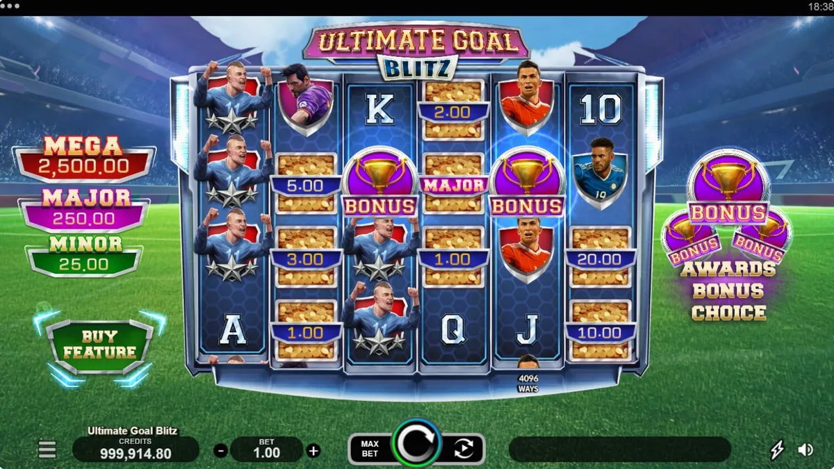 Tampilan layar permainan slot Ultimate Goal Blitz dengan tema stadion sepak bola yang megah.